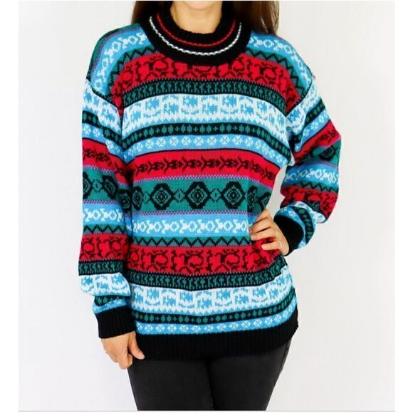 Bright Print Knit Sweater L Unisex - Picture 2 of 8